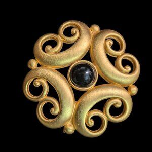 Anne Klein Vintage Gold-Tone Swirl Brooch With Black Stone In Center Circular Pi